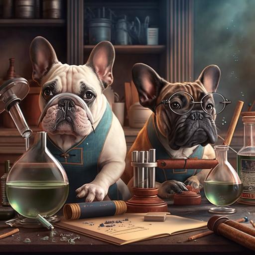 hard working big head French Bulldogs in a Science Lab