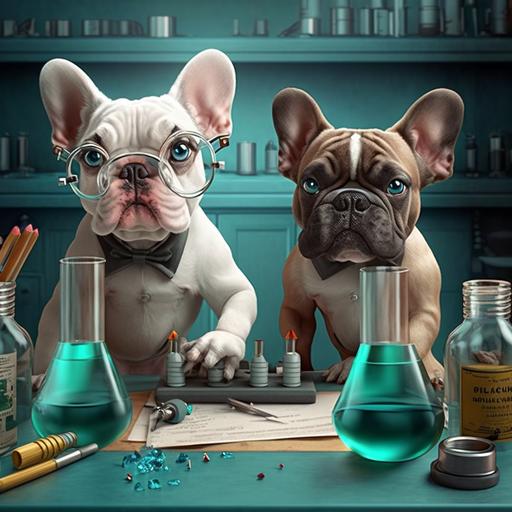 hard working big head French Bulldogs in a Science Lab