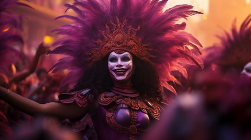 brazil mascarade, happy many people gathered, event, culture, purple feathers, hyper-realistic, 4k, hd --ar 16:9