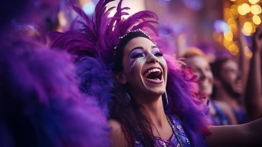 brazil mascarade, happy people gathered, event, culture, purple feathers, hyper-realistic, 4k, hd --ar 16:9