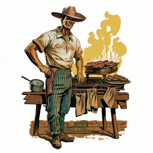 brazilian gaucho standing at barbecue grill, drawing, cartoon
