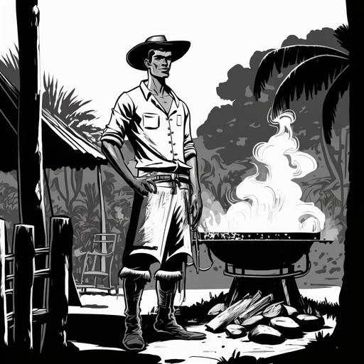 brazilian gaucho standing at barbecue grill, drawing, cartoon, black and white