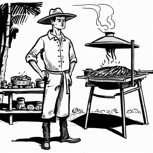 brazilian gaucho standing at barbecue grill, drawing, cartoon, black and white
