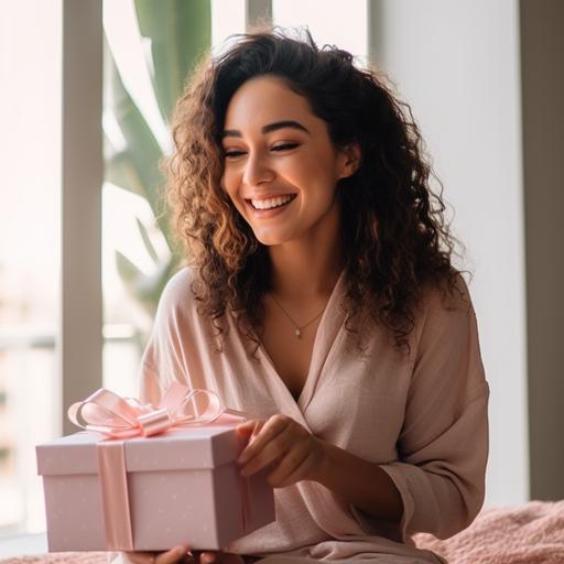 brazillian woman smiling opening a light pink wrapped gift, natural light, modern architecture, professional shooting, cinematographic, 8k, well being, light pink decoration, aspirational, canon, 70mm