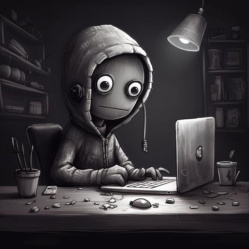 a friendly, fun robot, wearing a black hoodie, working on a laptop at a desk. cartoon, sketch, charcoal art
