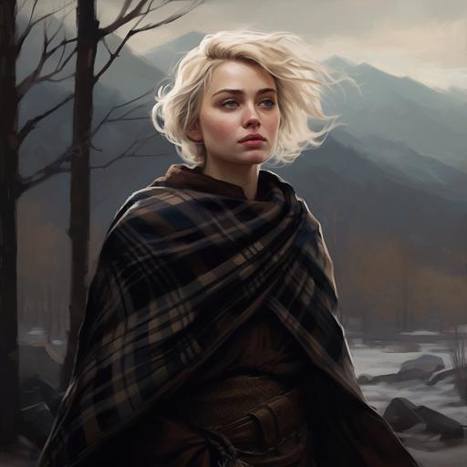 breton woman, short blonde hair, plaid skirt, winter scene, elder scrolls, dark fantasy