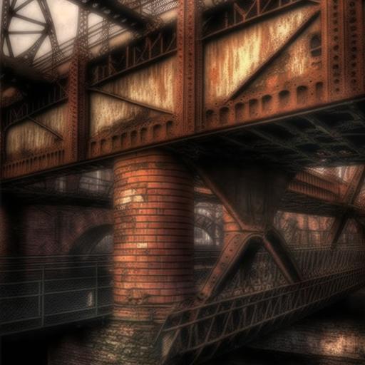brick bridge, scaffolding made of rusty steel, --v 4 --q 2