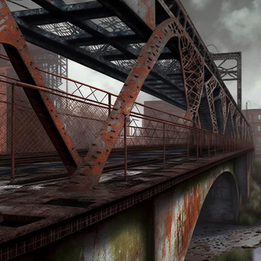 brick bridge, scaffolding made of rusty steel, --v 4 --q 2