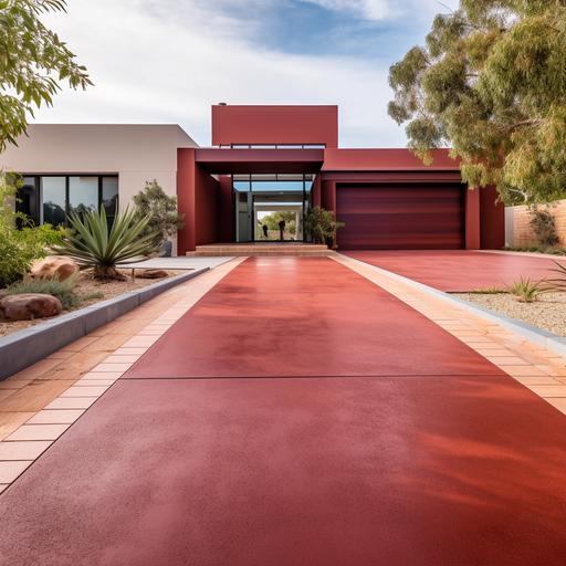 brick red concrete driveway, new home,