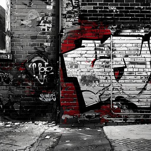 brick wall with r&b graffiti on it, black and white and a bourdeaux drop of color