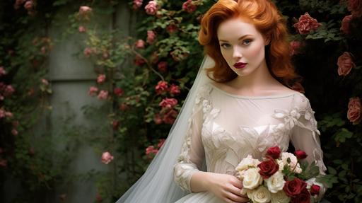 bridal etheral beautiful full body 1950's red haired fashion model wearing beautiful white gown with tiny red jewels and embroidery sleeves and veil red satin ribbon with satin head veil backdrop is sureal garden with a deep red peony roses cream lilacs gorgeous gardens orchids masterpiece style photography detailed well lit fashion model --ar 16:9