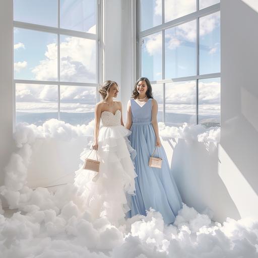 bridal white dress and blue dress, cotton clouds floor, sunny big window, white room, pearl purse, bright happy