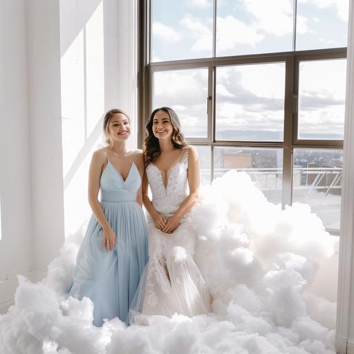 bridal white dress and maid of honor blue dress, cotton clouds floor, sunny big window, white room, , bright happy