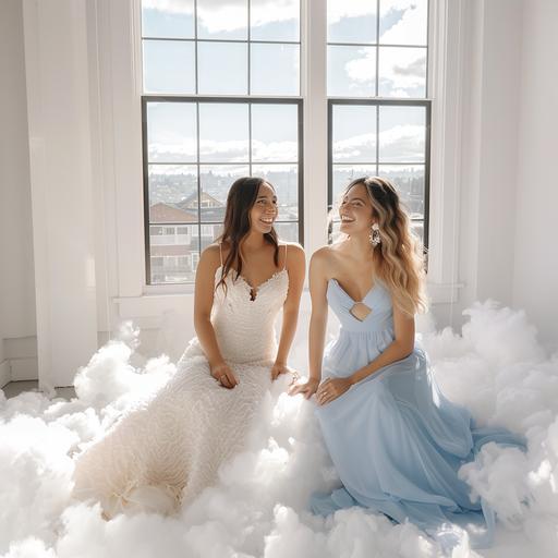 bridal white dress and maid of honor blue dress, cotton clouds floor, sunny big window, white room, , bright happy