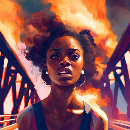 bridge on fire, black woman on fire in the foreground, surprised expression, a shadow of another woman in the background