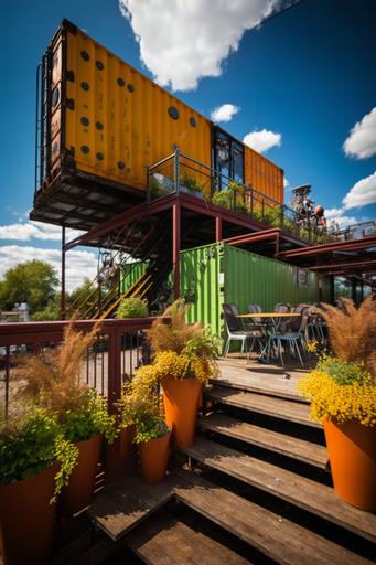 bridge over river made from shipping containers, restaurants and shops, mezzanine, stairs, green wall, flowers, natural light, 8k photo --ar 2:3