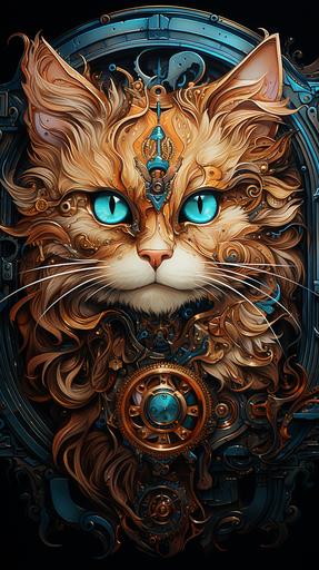 bright 2d watercolor painting of a whimsical cute mechanical kitty wall clock made of bronze and metal, gears, cogs, whimsical Art Nouveau style, fine pencil lines, gradient, old fresco wall background --ar 9:16 --v 5.2 --q 2 --s 500
