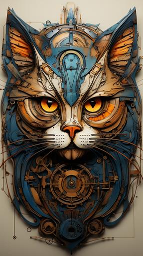 bright 2d watercolor painting of a whimsical cute mechanical kitty wall clock made of bronze and metal, gears, cogs, whimsical Art Nouveau style, fine pencil lines, gradient, old fresco wall background --ar 9:16 --v 5.2 --q 2 --s 500