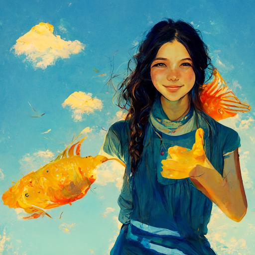 bright blue sunny sky, hyperrealistic, girl holding fish by tail in one hand, smiling, holding peace sign in other hand