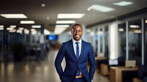 bright clean neat office with african male business owner, candid, plain beige wall background, wearing blue tie, neutral tones, wood details, warm, natural photography, bright natural lighting, hyperrealistic, 8k --ar 16:9