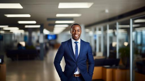 bright clean neat office with african male business owner, candid, plain beige wall background, wearing blue tie, neutral tones, wood details, warm, natural photography, bright natural lighting, hyperrealistic, 8k --ar 16:9