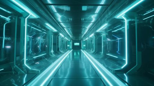 bright futuristic cyberpunk glass tunnel, marble white floors and walls, blue green tint, neon lights, near future, sci-fi, movie, UHD, 4K --ar 16:9 --s 250 --v 5.0 --q .5
