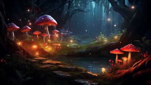 bright magical forest in spring with fairy lights, tiny mushrooms and fireflies --ar 16:9