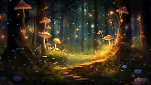bright magical forest in spring with fairy lights, tiny mushrooms and fireflies --ar 16:9