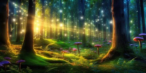 bright magical forest in spring with fairy lights, tiny mushrooms and fireflies --ar 2:1