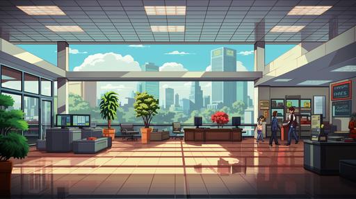 bright office lobby, 2d beat em up background pixels with floor 1/4th of the image, constant 35 degree angle floor, bright, clean, 8bit, NES, pixelated, pixels, orthographic projection, flat perspective, games: mall brawl, double dragon, scott pilgrim, street gangs --ar 16:9