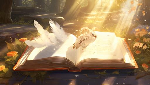 bright sunlight on a open storybook with a feathered pen in the style of ghibli, --ar 7:4
