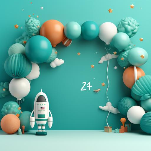 bright teal background with balloon arch,rocket, astronauts 5k image