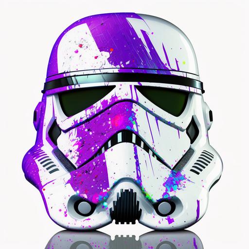 bright white reflective stormtrooper helmet, diagonal splatter of vibrant bright neon violet latex paint, extreme detail, high resolution photography, centered subject, white background --no dof, logos, text, copyright, typography, fonts, drips, spray --chaos 25 --v 4
