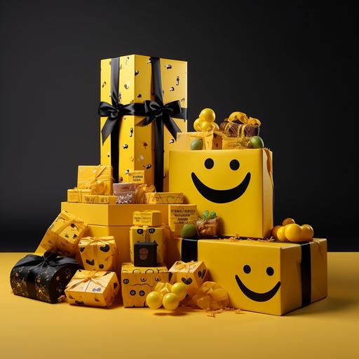 bright yellow christmas gift box with smiles, children's toys and non-perishable food, the background must be black. size 9:16 hyperrealistic