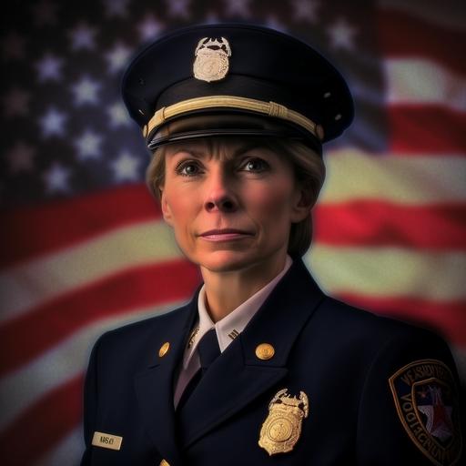 brighten image, Create highly realistic 5K official department portrait of a female fire chief in dress uniform, fire chief is fit and in her 50's, fire department badge, American flag draped in background, image is professionally lit, bight natural light and vibrant --ar 10:10