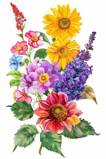 brightly coloured summer flowers red, purple, yellow, pink, with green leaves, sunflower, roses, hydrangea, lavender, peonies, lilies, on an isolated white background --ar 2:3