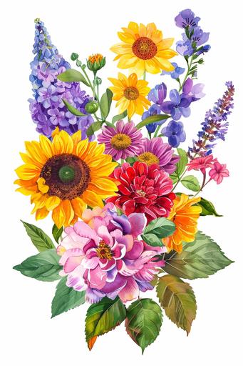 brightly coloured summer flowers red, purple, yellow, pink, with green leaves, sunflower, roses, hydrangea, lavender, peonies, lilies, on an isolated white background --ar 2:3