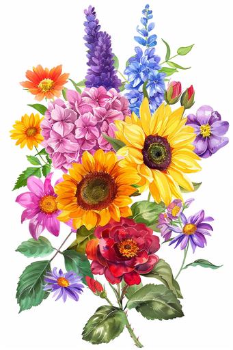 brightly coloured summer flowers red, purple, yellow, pink, with green leaves, sunflower, roses, hydrangea, lavender, peonies, lilies, on an isolated white background --ar 2:3