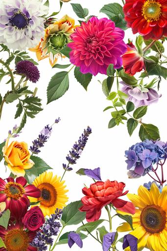 brightly coloured summer flowers red, purple, yellow, pink, with green leaves, sunflower, roses, hydrangea, lavender, peonies, lilies, on an isolated white background --ar 2:3