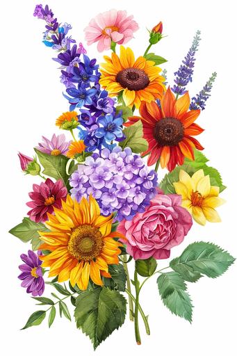 brightly coloured summer flowers red, purple, yellow, pink, with green leaves, sunflower, roses, hydrangea, lavender, peonies, lilies, on an isolated white background --ar 2:3