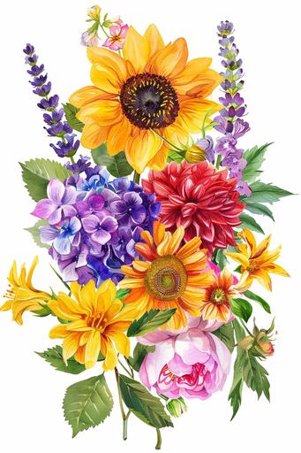 brightly coloured summer flowers red, purple, yellow, pink, with green leaves, sunflower, roses, hydrangea, lavender, peonies, lilies, on an isolated white background --ar 2:3