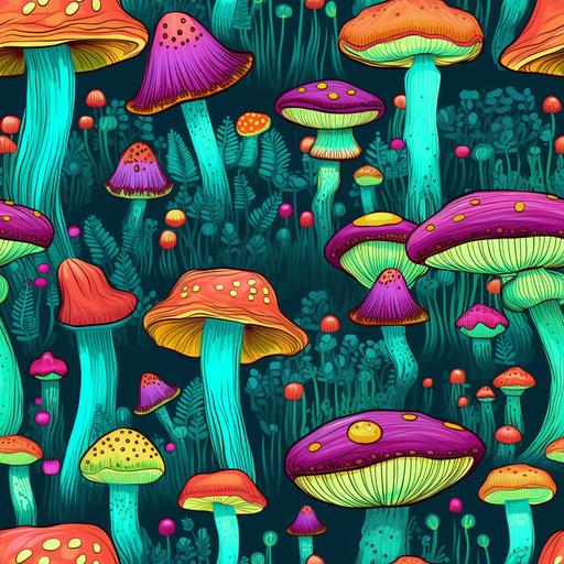 brightly coloured, trippy mushrooms against aqua green grass --tile --s 50