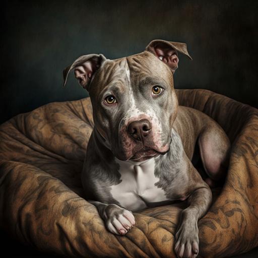 brindle pitbull laying in a dog bed