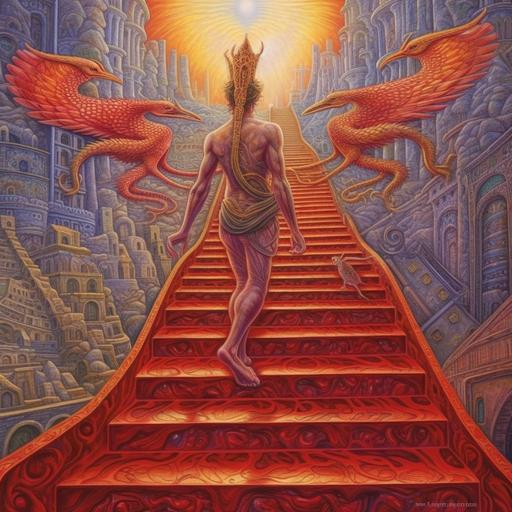 bringing medicine back, man holding medicine, walking up stairs, wings on feet, Hermes feet, snakes around feet, walking from hell, walking towards heaven, shamanic style, Alex grey style --v 5.1