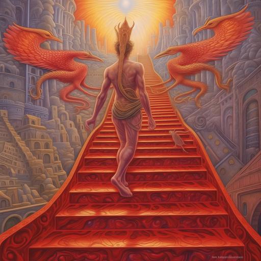 bringing medicine back, man holding medicine, walking up stairs, wings on feet, Hermes feet, snakes around feet, walking from hell, walking towards heaven, shamanic style, Alex grey style --v 5.1