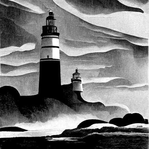 brittany lighthouse artwork 1950s black and white high detail