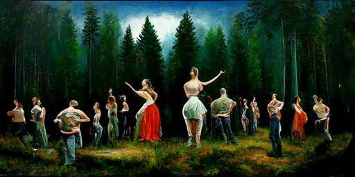 broadway musical in the middle of nowhere, forest theme, singers and dancers, empty audience, hyperrealism, panorama --ar 19:9 --test