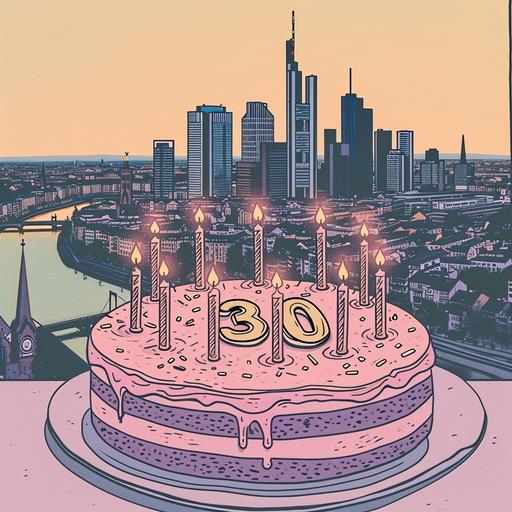 Straightforward comic style image of a birthday cake with '30' candles, set against a backdrop of Frankfurt's skyline, simple and clean design –ar 16:9 --v 6.0 --s 50