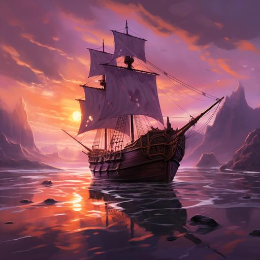 broken down pirate ship, floating, broken sails, purple sky, D&D 2nd edition art style, calm seas