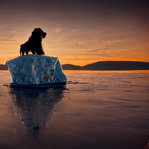 brown Newfoundland dog on an iceberg, 4k, cinematic, sunset